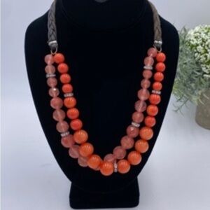Fossil Brand Coral Beads Orange Color Jadeite Double Strand Necklace Rhinestone